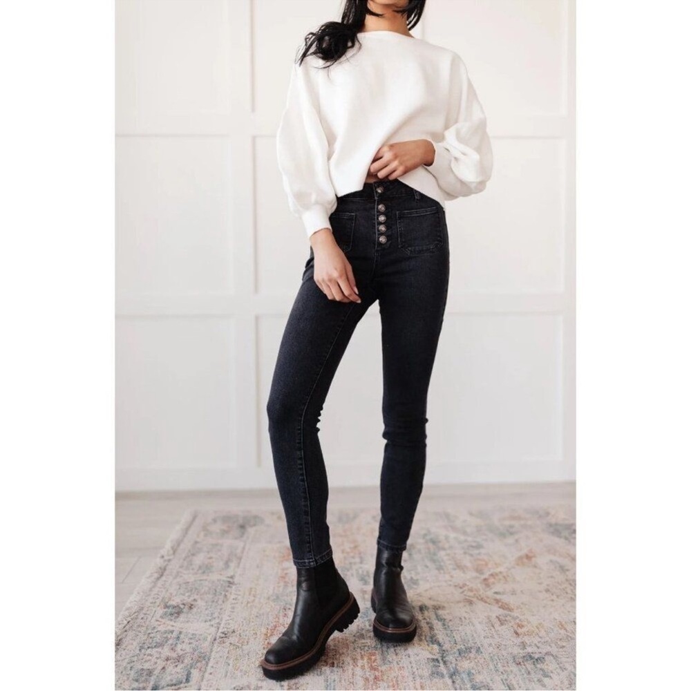 Oat New York High Rise Sailor Skinny Jeans in Color Black Forest - Picture 1 of 8